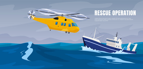 Rescue helicopter in the sea with a group of rescuers. Rescue and search for victims at sea during a storm. Aid to damaged ships. Vector illustration