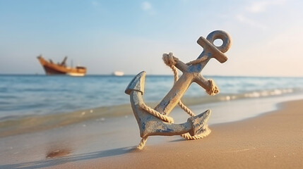 Anchor with rope on sand near sea. Generative AI