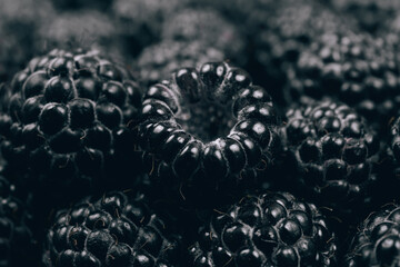 Black raspberries closeup. Macro shot. Heap of fresh ripe and sweet raspberries. 