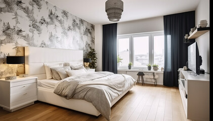 Comfortable bed with white blanket and cushions placed near wall with TV in stylish bedroom with window, Generative AI