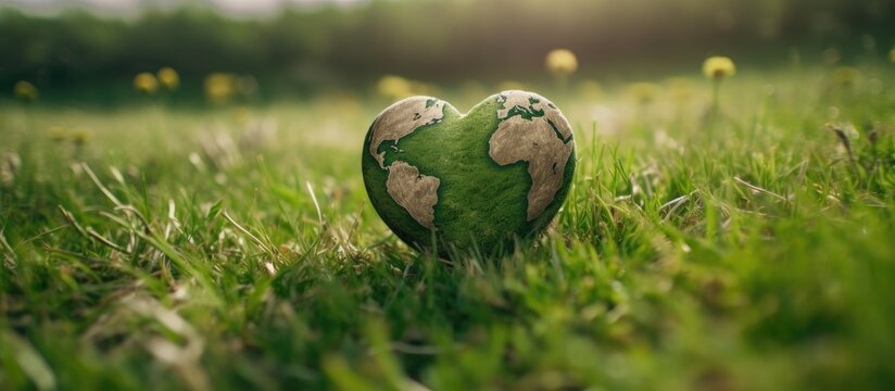 Heart shaped planet earth on green meadow
