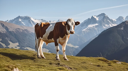 Fototapeta na wymiar Serene Beauty, A Cow Grazing in the Alpine Meadows, Surrounded by Snow-Capped Mountains. Generative AI
