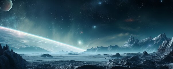 Fototapeta premium Space. Orion Nebula, black holes, explosion of planets and sun. Stars, universe, flashes of light. Flying planets in space.AI generation.