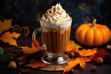 Autumn pumpkin latte with whipped cream , AI Generative