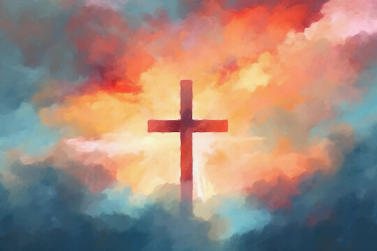 Illustration of Christian cross against clouds, representation of faith. Generative Ai.