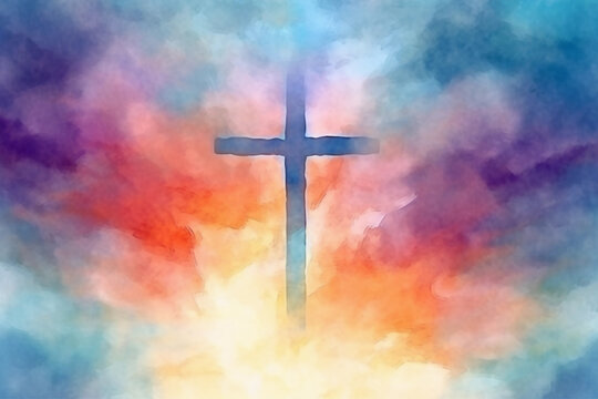 Christian cross against blue clouds, a symbol of faith. Generative Ai. © MAXSHOT_PL