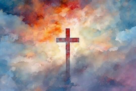 Symbol of faith, Christian cross before clouds. Generative Ai.