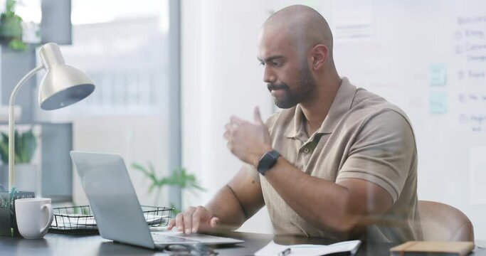 Laptop, writer and business man thinking in office for research in startup. Computer, typing and professional copywriter working on creative project, planning and problem solving while reading email