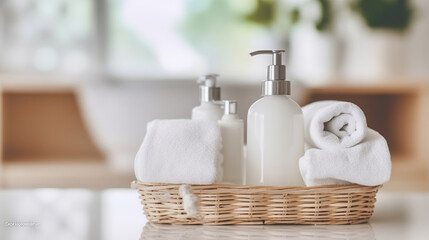 Fototapeta na wymiar Liquid soap bottle, white towel on basket in bathroom. Close up, Generative AI