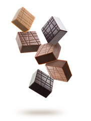 Assorted chocolate pralines floating on white background