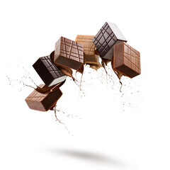 Assorted chocolate pralines floating with melted chocolate splash on white background