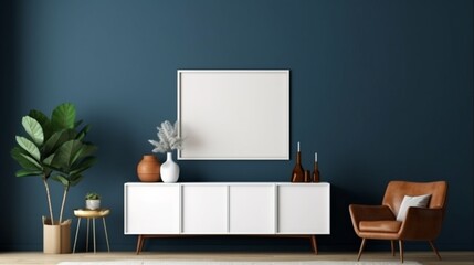 Mockup frame on cabinet in living room interior on empty dark blue wall background. Generative AI.