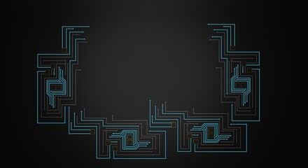 Integrated circuit, board with circuits, data processing, data trail, technology flyer, computing banner (3d illustration)
