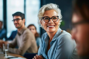 Experienced Businesswoman Engages with Colleague at Team Meeting. Generative AI