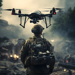 Millitär Drone  Fliegt über einsatztgebiet mit Soldat Dronen Opperator Generative AI - obrazy, fototapety, plakaty