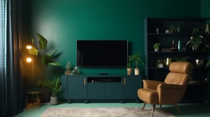 Modern interior of living room with armchair and cabinet for tv on dark green color wall background. Generative AI.