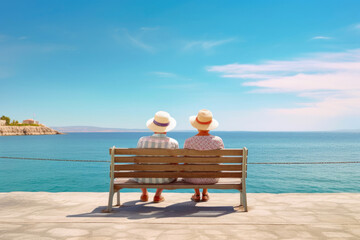 Elderly lovebirds enjoying a sunny seaside retreat. Generative AI