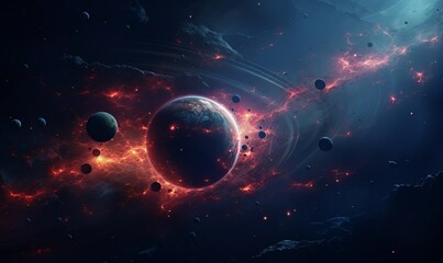 Space. Orion Nebula, black holes, explosion of planets and sun. Stars, universe, flashes of light. Flying planets in space.AI generation.