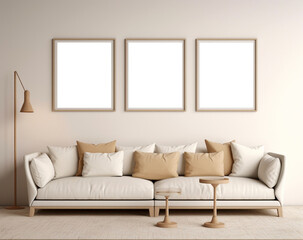 Fototapeta premium Frames mockup, couch and frames mockup, living room photo mockup, picture frame template AI Generated