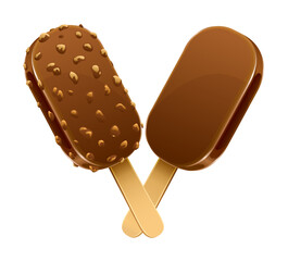 Chocolate ice-cream dessert with nuts on wooden stick. PNG Illustration
