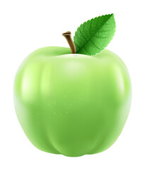 Green apple with leaf, isolated white background. 3D PNG Illustration