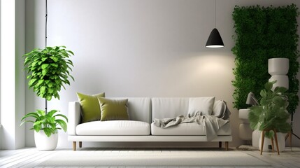 Modern living room interior with sofa and green plants, lamp, table on white wall background. Generative AI.