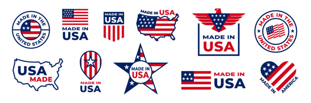 Made in usa seal badges. American labels. American quality product. Patriotic logo or stamp. Tags with flag of america.