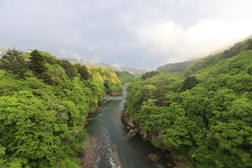 Fototapeta na wymiar beautiful landscape of Kinugawa river and Kinugawa town