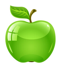 Green nibbled apple with leaf. Isolated on white background. PNG Illustration