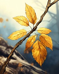 There is a yellow leaf on a tree branch. (Generative AI)
