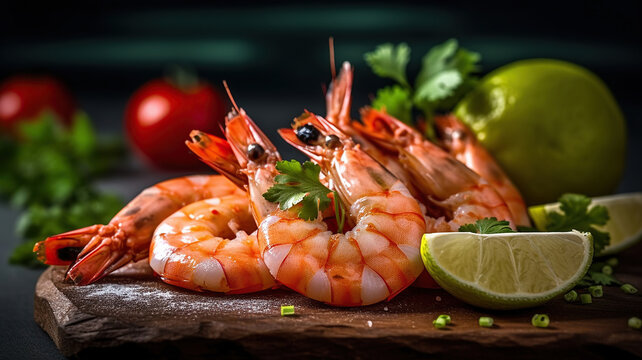 Raw shrimps on a stone Board with cherry tomatoes, spices and lime, On black rustic background. Generative AI