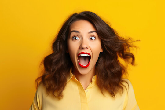 Exuberant Female Model Yelling with Enthusiasm on Yellow Backdrop. Generative AI