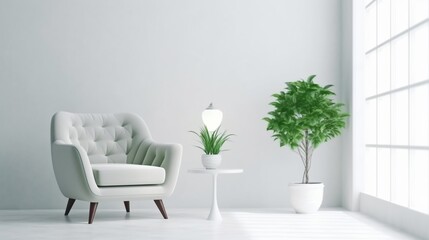 White minimalist interior living room has a green armchair on empty white color wall background. Generative AI.
