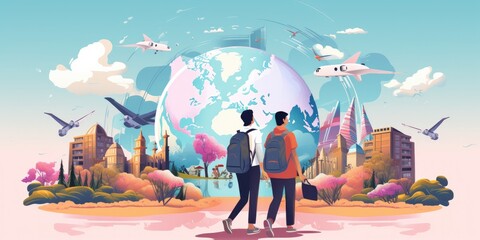Global Adventure" - A Vibrant Flat Illustration for World Tourism Day - Embrace Diversity & Adventure - Wanderlust & Celebration -  World Tourism Day Generative AI Digital Illustration