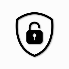 Black shield with unlock padlock icons on a white background. Vector sign illustration.