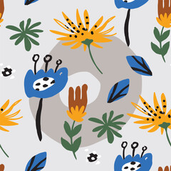 Seamless pattern with bold abstract flowers, hand drawn blossoms and leaves perfect for textiles, wallpaper, pattern fills, web page background, surface textures. Modern bold  floral background