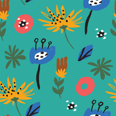 Obraz na płótnie Canvas Seamless pattern with bold abstract flowers, hand drawn blossoms and leaves perfect for textiles, wallpaper, pattern fills, web page background, surface textures. Modern bold floral background
