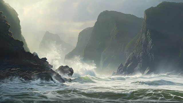Ocean waves crashing against stone rock cliffs. 4K video of coastal sea wave background.