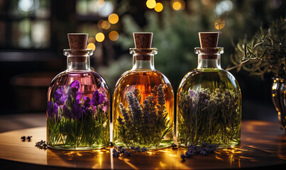 Aromatherapy, bottles with herbs and oil on a wooden table.