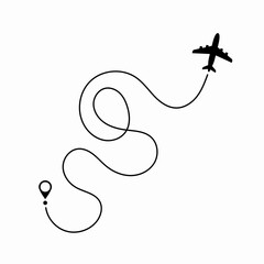 Airplane route plane path. Travel concept. Aircraft tracking. Vector illustration on a isolated white background.