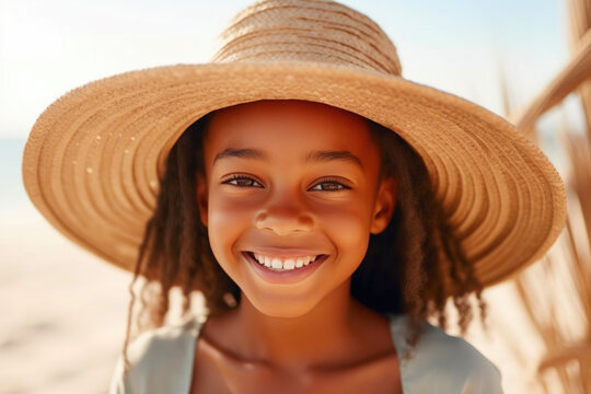 African Girl with a Summer Hat on the Beach. Generative AI