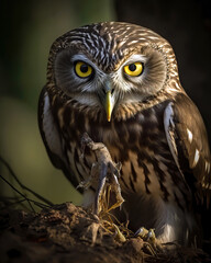 Obraz premium Portrait of a owl with beautiful eyes on tree branch. Amazing Wildlife. Generative Ai