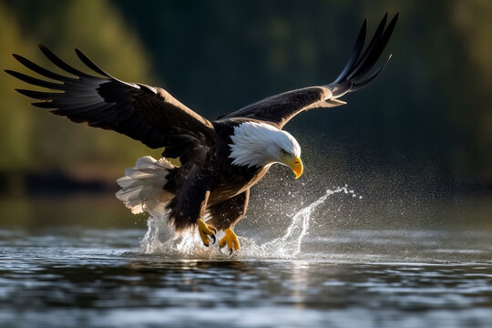 Bald eagle flying over the surface of the water with wings spread. Amazing American Wildlife. Generative Ai