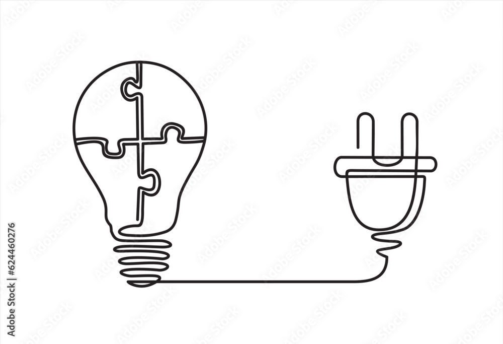 Poster continuous one line drawing of light bulb with plug and grup of puzzle inside. problem solving conce