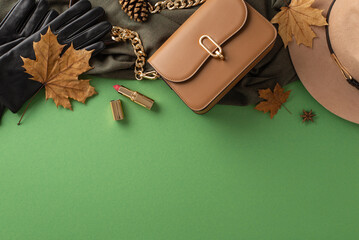 Autumn-inspired female fashion ensemble vision. Top view of floppy wool hat, supple leather gloves,...