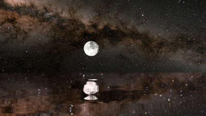 Full moon and its reflection over a sea with milky way galaxy in background (3D Rendering)