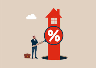 House shaped arrow. Real estate, investment, construction, growth. Businessman with magnifying glass to see percentage interest rate. Flat vector illustration.