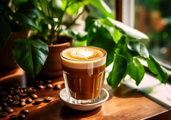 Tuinposter Cappuccino or latte with milk froth in a glass on a wooden background. Near grains and leaves of a coffee tree. AI Generated © YuliiaMazurkevych