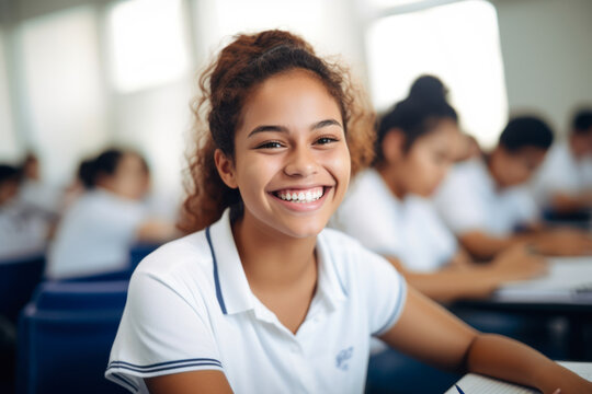 Generative AI image of happy young female in uniform smiling while sitting at table in classroom with blurred students