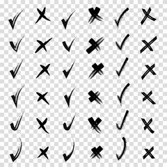 Brush hand drawn doodle checkmarks and crosses set collection. Scribble, pen sketches. Pencil hand drawn checkmarks and little crosses. Yes and no. Transparent background.